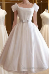 Round-Neck White Tulle Short Retro Semi Formal Prom Dresses, Retro Wedding Dresses
